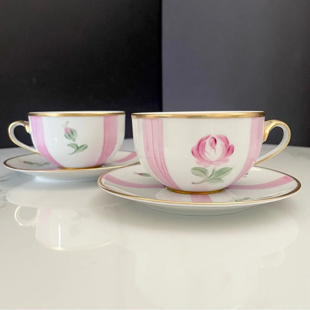 SET of 2 Pink Rose Cups & Saucers - Marie Daage Limoges